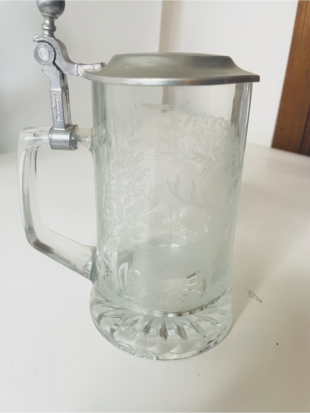 Vintage West German Etched Hlasz Beer Stein Forest Deer Pewter  Hinged Lid
